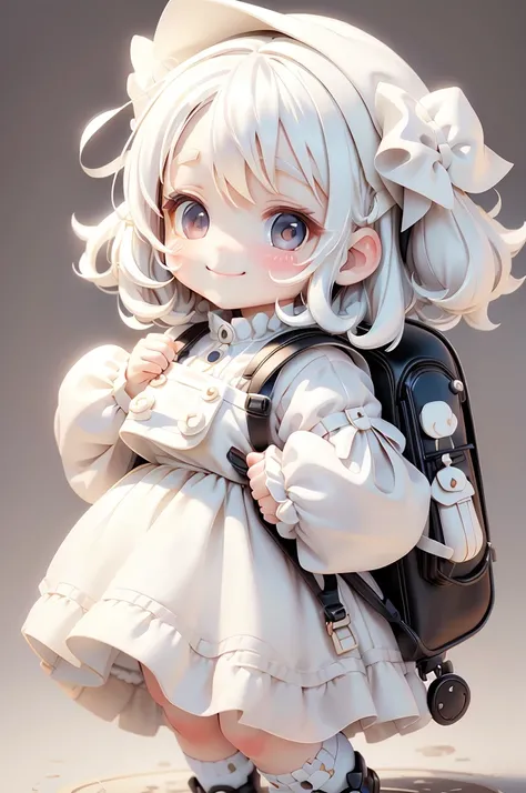 masterpiece, best quality, a cute chibi girl smiling, white pinafore dress, white short puffy sleeves shirt, white socks, black Lolita shoes, backpack, white hairbow,