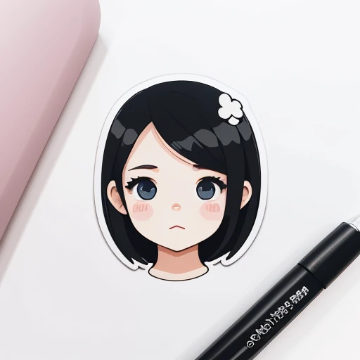 stickers with cute girl with white border backgrounds, minimalistic design, 1/3 of the body, ink style, no background