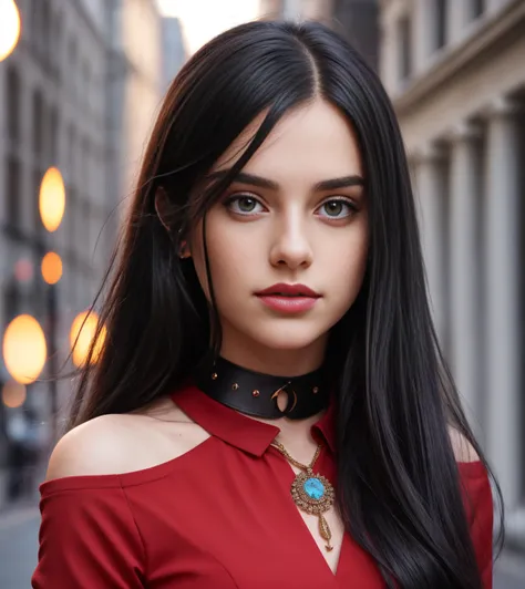 dramatic lighting, long black hair girl , detailed face, detailed nose, detailed necklace  wearing red sexy dress ,blue stockings, freckles, collar , tattoo, extremely detailed symmetric hazel  eyes with circular iris , tall walking down the street, sunset...