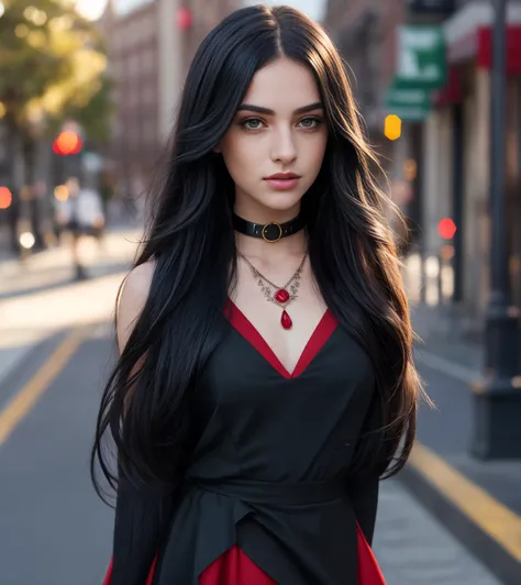 dramatic lighting, long black hair girl , detailed face, detailed nose, detailed necklace  wearing red sexy dress ,blue stockings, freckles, collar , tattoo, extremely detailed symmetric hazel  eyes with circular iris , tall walking down the street, sunset...