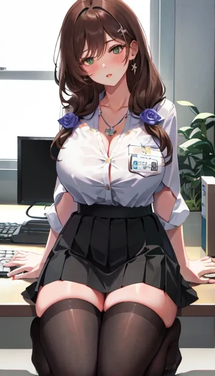 Lisa, genshin impact, 1 girl, alone, ((white shirt)), black Thighhighs, huge breasts, cleavage, uniform, office background, black skirt, pleated skirt, office, hair between eyes, messy hair, large chest, long hair, looking at the viewer, brown hair, red sh...