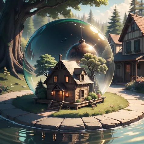 a small, summer globe with a house inside, summer, trees, and a pond