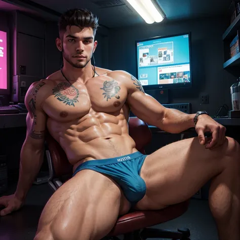 Homem jovem latino, Athletic and fit, com tatuagens de gangue no corpo e rosto, cabelo castanho claro curto raspado dos lados, olhos castanhos claros penetrantes e rosto de delinquente, only with underwear, is sitting in a cyberpunk style room.