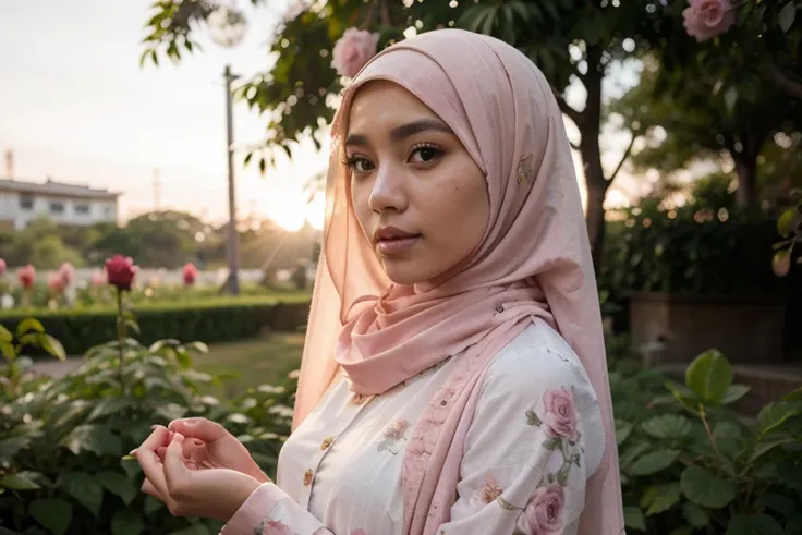 8k, RAW photo, Fujifilm, style photo of a beautiful young indonesia woman,shes hijaber as avril in a garden of light pink roses (highly detailed skin: 1.2) Style-hijab, wearing a green batik, film granulation, 35mm, cute style