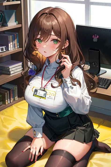 Lisa, genshin impact, 1 girl, alone, ((white shirt)), black Thighhighs, huge breasts, cleavage, uniform, office background, black skirt, pleated skirt, office, hair between eyes, messy hair, big breasts, long hair, looking at the viewer, brown hair, red sh...