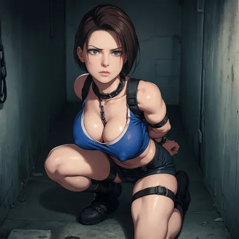 high quality, high resolution, extreme detail, masterpiece, Jill valentine, tied up by chain, in the basement,bondage, (restrained), angry, breast bondage, on knees, arms behind back