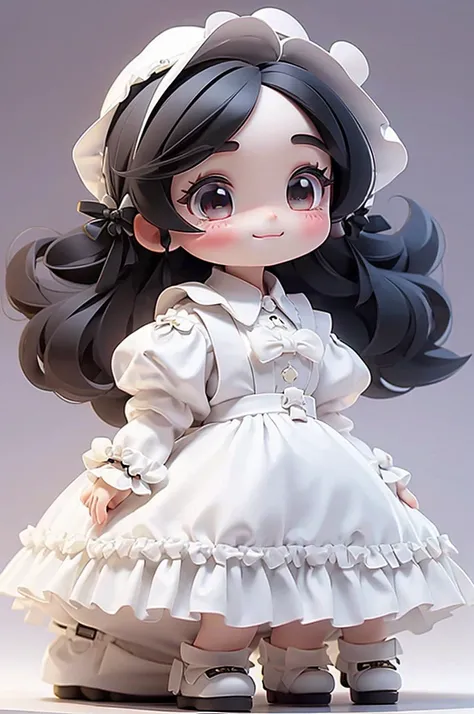 masterpiece, best quality, a cute chibi girl smiling, black hair, white pinafore dress, ((short)) puffy sleeves shirt, white hairbow, black Lolita shoes, school backpack, (((full body)))