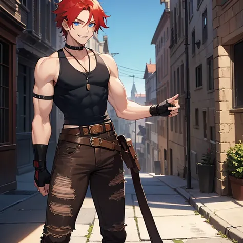 ((1 man, messy red hair, blue eyes)),((with a black tank top, ripped brown pants)),((with a belt, black fingerless gloves)),((with smile)),standing medieval street by day