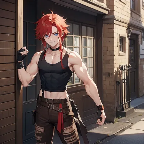 ((1 man, messy red hair, blue eyes)),((with a black tank top, ripped brown pants)),((with a belt, black fingerless gloves)),((with smile)),standing medieval street by day