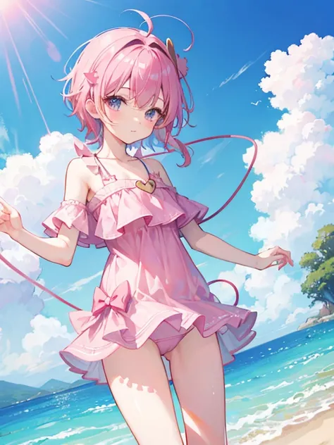 best quality、Komeiji Satori(pink hair)、cute、swimsuit