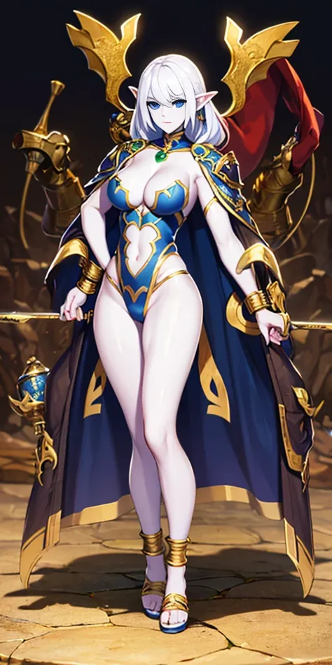 stunningly elf female, muscular sensual body, deep white hair, pale chaik white skin, blue eyes, golden metal sandals, black shackles on legs and arms, white leotard, green cloak, (standing full body looking to the camera), hands behind body, golden enchai...