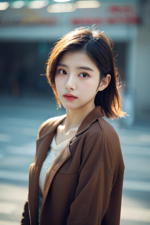 Cinematic Photo of a beautiful korean fashion model bokeh train