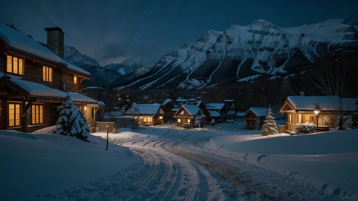 A serene winter night scene in a mountainous region, where traditional thatched-roof houses are blanketed in snow. The warm glow of lights from the windows suggests a cozy atmosphere inside, contrasting with the cold blue tones of the snow-covered landscap...