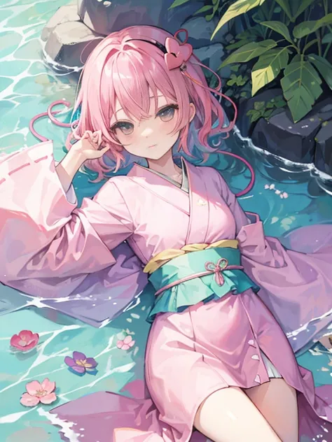 best quality、Komeiji Satori(pink hair)、cute、kimono、fantasy、lying down in shallow water