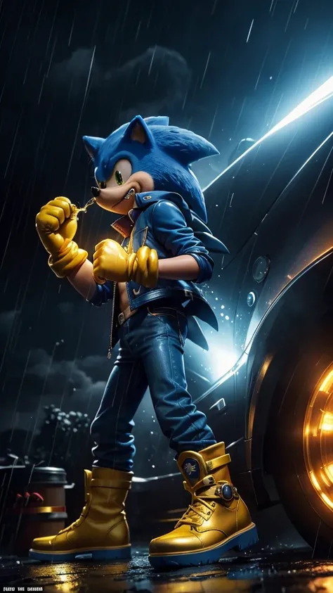 Sonic the hedgehog the hedgehog serious with closed fists and positioned in the center and leather jacket and golden boots and yellow gloves on closed fists and red smoke coming out of the body of Sonic the hedgehog the hedgehog and looking at the viewer a...