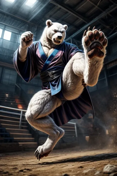 A fierce ice bear ninja in a black kimono, performs a powerful kick. The detailed rendering of his bare feet, complete with sharp claws and white fur, adds to the intensity of the image. The full figure of the ninja is depicted in a dynamic pose, showcasin...