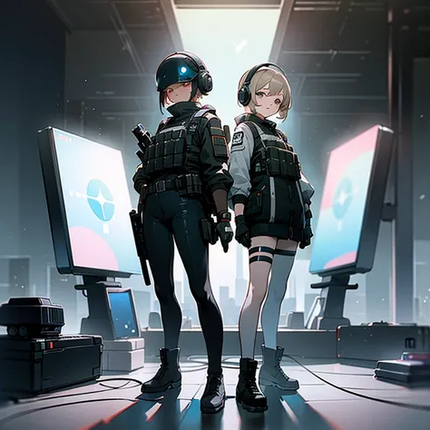 ((high quality)), ((masterpiece)), 8k, 2girls, bulletproof vest, light rays, extremely detailed CG unity 8k wallpaper, game cg, looking at viewer, gloves, boots, full body, watch, computer, mask, drone, holding weapon, headphones, jacket,