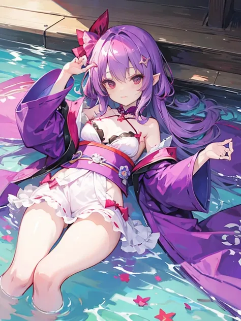 best quality、remilia scarlet(purple hair)、cute、kimono、fantasy、lying down in shallow water