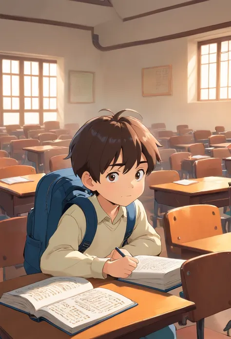 An aesthetic photography composition featuring a close-up shot of a little boy sitting at a desk in an empty classroom, his backpack placed beside him, as he looks attentively at a book, showcasing his eagerness to engage in educational activities.