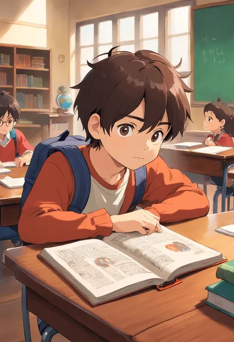 An aesthetic photography composition featuring a close-up shot of a little boy sitting at a desk in an empty classroom, his backpack placed beside him, as he looks attentively at a book, showcasing his eagerness to engage in educational activities.