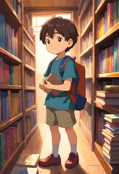 A detailed and realistic image showcasing a little boy wearing a backpack, holding a stack of books in his hands, while standing next to a bookshelf filled with colorful reading materials, emphasizing his enthusiasm for reading and learning.