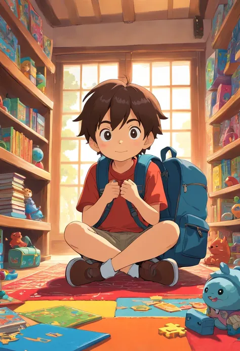 An artistic representation of a little boy with a backpack, sitting cross-legged on a colorful rug in a classroom corner, surrounded by educational toys, puzzles, and books, creating a playful and engaging learning environment.