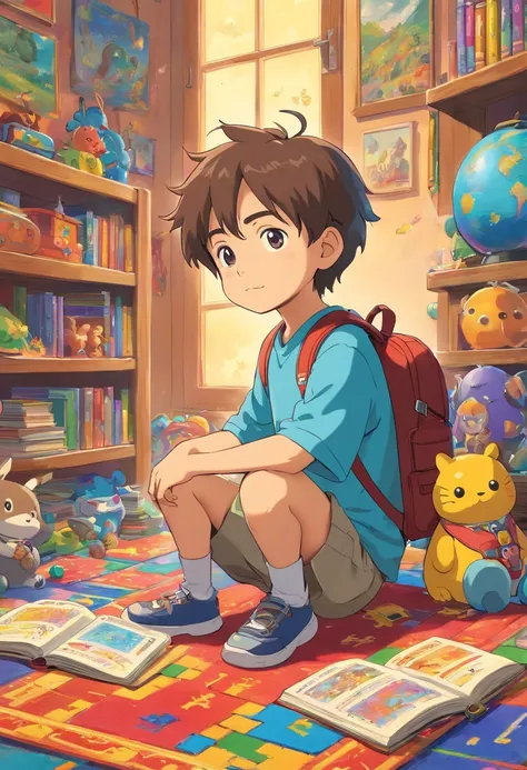 An artistic representation of a little boy with a backpack, sitting cross-legged on a colorful rug in a classroom corner, surrounded by educational toys, puzzles, and books, creating a playful and engaging learning environment.