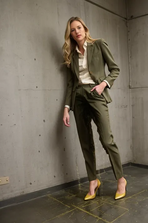 tall blonde, olive green business pants, heels, ((pee stain)), show heels