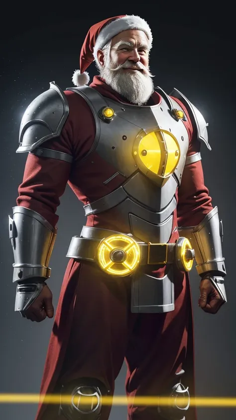 Santa Claus in cybernetic armor with yellow lights and closed fists and sarcastic and serious smile details on the armor of water drops and scratches and punctures and gray background 