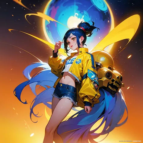 ((high quality)), ((masterpiece)), An asian blue hair girl, beautiful, wearing an yellow jacket, cropped white shirt, blue denim shorts, beautiful face, full body, colouful, cosmic, futuristic, detailed, golden hour, iridescent, vibrant, mark brooks, frank...