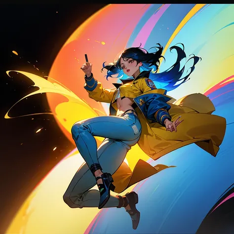 ((high quality)), ((masterpiece)), An asian blue hair girl, beautiful, wearing an yellow jacket, cropped white shirt, blue denim shorts, beautiful face, full body, colouful, cosmic, futuristic, detailed, golden hour, iridescent, vibrant, mark brooks, frank...