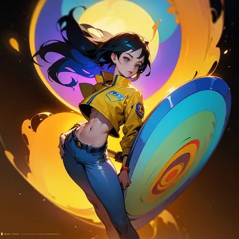 ((high quality)), ((masterpiece)), An asian blue hair girl, beautiful, wearing an yellow jacket, cropped white shirt, blue denim shorts, beautiful face, full body, colouful, cosmic, futuristic, detailed, golden hour, iridescent, vibrant, mark brooks, frank...