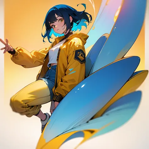 ((high quality)), ((masterpiece)), 8k, 2girls, An asian blue hair girl, beautiful, wearing an yellow jacket, cropped white shirt, blue denim shorts, beautiful face, full body, colouful, cosmic, futuristic, detailed, golden hour, iridescent, vibrant, , digi...