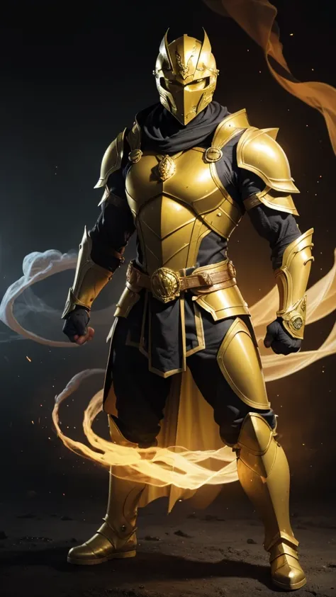 Man in a golden helmet with yellow holes and bright yellow eyes and red features and toned body large muscles closed fists yellow gloves combat pose golden boots atmospheric lighting in the background armor illuminating the environment gray background red ...