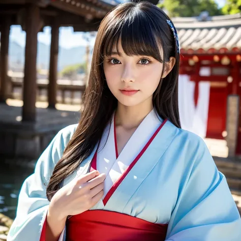 shrine maiden, girl, photo&#39;s, super detailed詳細, intricate details, cinematic angle, 最高の詳細なgirl, focus on eyes, expose cleavage, soaking wet, Longuette, 美しい詳細なgirl, 25 years old, long black hair, princess cut, air bangs, eyes visible through hair, hair ...