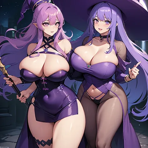 ((1 curvy woman)),((with long purple hair)),((huge breasts)),((with a big dress, purple and blue, a cut on her breasts)),((and holding an erome staff box)),((with a purple and pink witch hat, with one blue and one purple eye)),standing at night