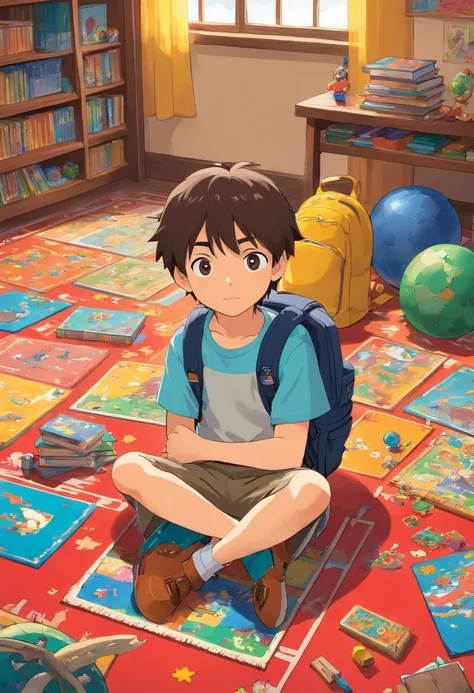 An artistic representation of a little boy with a backpack, sitting cross-legged on a colorful rug in a classroom corner, surrounded by educational toys, puzzles, and books, creating a playful and engaging learning environment.