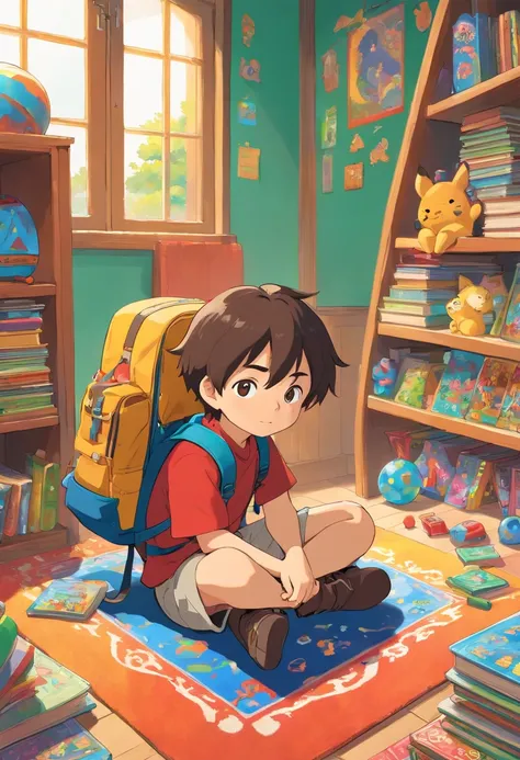 An artistic representation of a little boy with a backpack, sitting cross-legged on a colorful rug in a classroom corner, surrounded by educational toys, puzzles, and books, creating a playful and engaging learning environment.