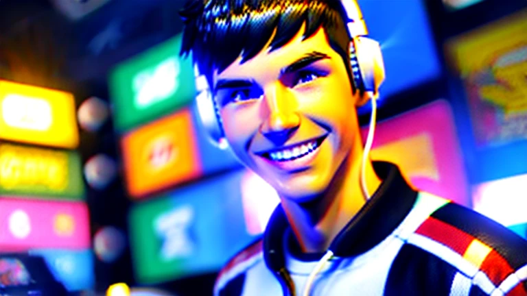 gamer young man, wearing headphones, with gamepad, with a playful and cheerful look, Character 3D Colorful, colors, UItra, 3D render, 16K, --q 5 --ar 7:4