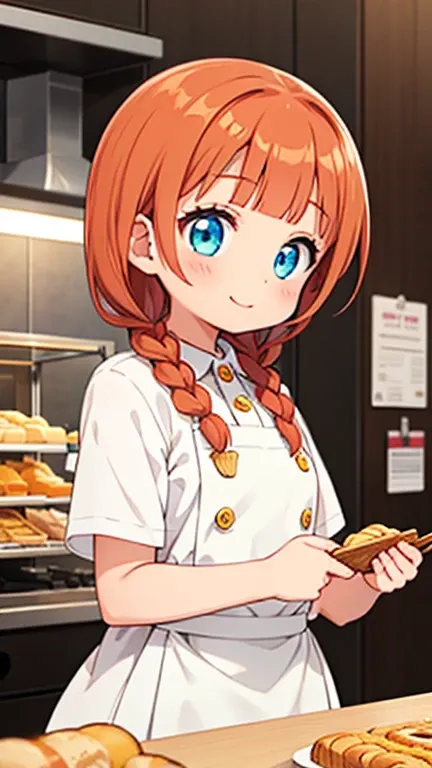 Girl, smiling, with reddish-orange hair, hairstyle with short braids and straight bangs on the sides. With a lock of hair sticking out of her head. Cyan eyes, light brown skin. She wears a pastry chefs uniform.