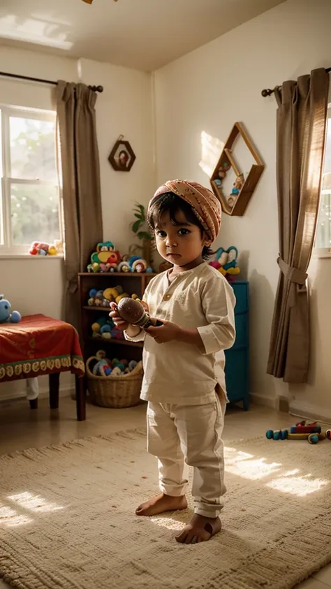 /imagine prompt: A heartwarming depiction of an Indian baby boy in a playful setting, wearing a tiny turban and holding a traditional musical toy, with a backdrop of a sunlit room filled with soft toys and family photographs, Illustration, watercolor on te...