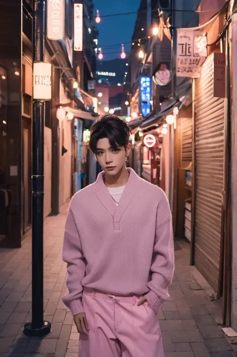 Mejor calidad,obra maestra,high resolution,1 chico,Modelo de moda,enfoque masculino,Solo,city night seoul south korea ,  20 years , pelo rosa pastel, kpop dancer