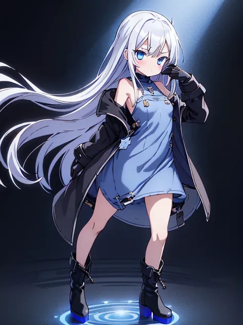 best quality,[[[[[[[[extra limbs]]]]]]]],[[[[extra digit]]]],[[[[fewer digit]]]],(1girl),(woman),full body,wariza,pale skin,(petite),silver hair,((long hair)),straight hair,[[[hair band]]],blue eyes,blush,(((small breasts))),(((denim dress))),(bare shoulde...