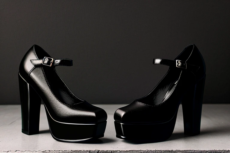 A footwear photo of a models feet. model is wearing a pair of elegant black shoes with a low platform and square block heel. with a strap. black canvas texture. vintage industrial aesthetics. model is wearing thick black tights