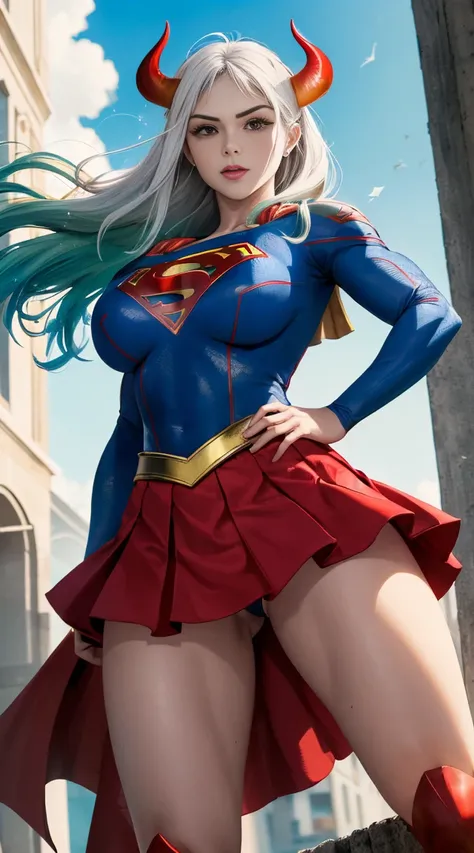 (melhor qualidade:1.3), Supergirl, capa vermelha, S do super-homem no peito, blue swimsuit, Red skirt, botas vermelhas, (demon girl), very huge breasts, sedutora, sexy, cabelo branco com as pontas verde claro, chifre com as pontas vermelho