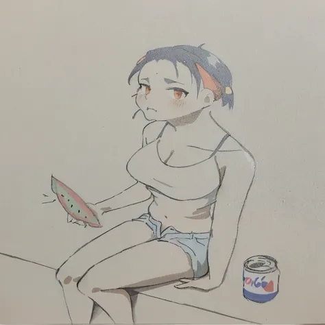 Painting of a woman with orange eyes sitting on a ledge, Denim shorts，blue，big white legs，Pepsi，High quality anime pictures，Shyness blush，eating watermelon，summer