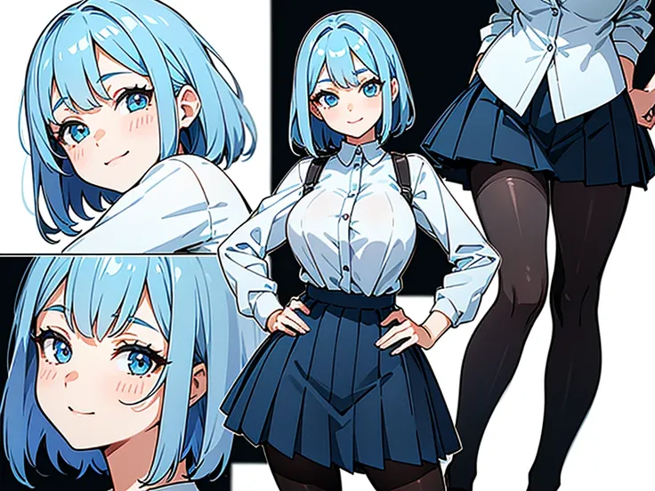 1 girl with lshort blue hair, beautiful face, cute face, smiling lewd, big boobs, wearing white shirt and pleated black skirt with black pantyhose, standing with legs apart, hands on her hips, view from below, store backgound, ultra high resolution, crispy...