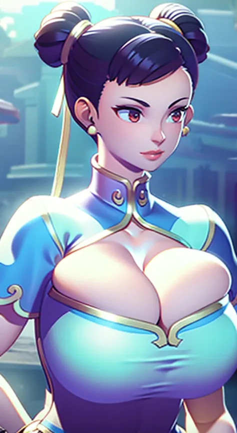 1 female, gigantic breast, huge cleavage, beautiful face, good lighting, looking at viewer, 3d cg, chun-li , bursting breasts