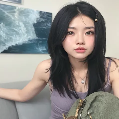 arafed woman sitting on a sofa with a purse and a purse, Young cute pale asian face, joven y adorable rostro coreano, ulzzang, chica linda-cara-fina, pale korean adorable face, hermosa joven coreana, yanjun chengt, beautiful asian girl, hermosa mujer surco...