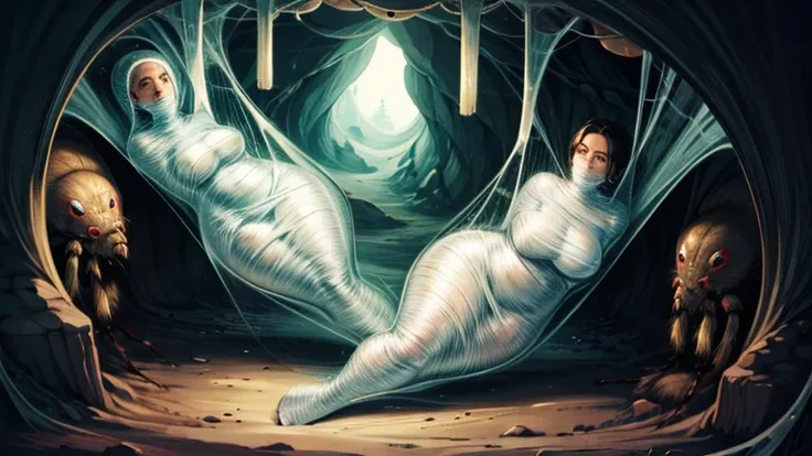 10 girls, trapped within cocoons made of silk, set within a cave, surrounded by spiders